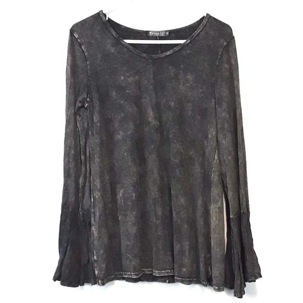 T Party Bell Sleeve Top Womens Small Black Acid Wash Boho Grunge Long Sleeve